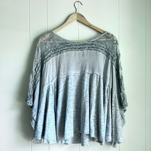 Umgee Gray Blue Lace Oversized Poncho Cotton Tunic Tee with Raw Edge Tri…